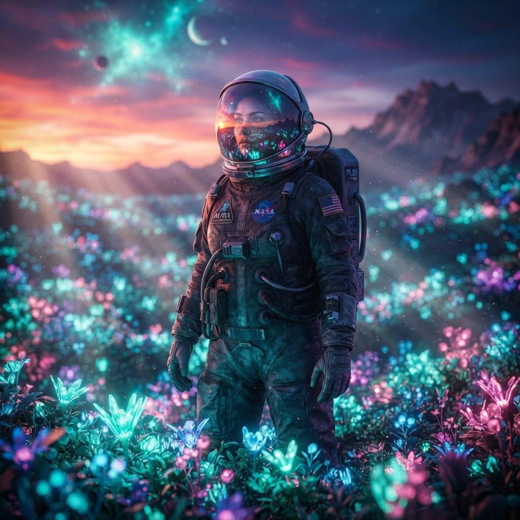 Astronaut in a field of bioluminescent flowers at dusk, cinematic