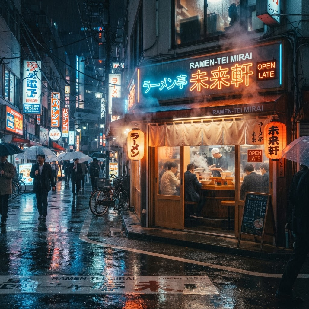 Cozy futuristic ramen shop on a rainy neon Tokyo street at night